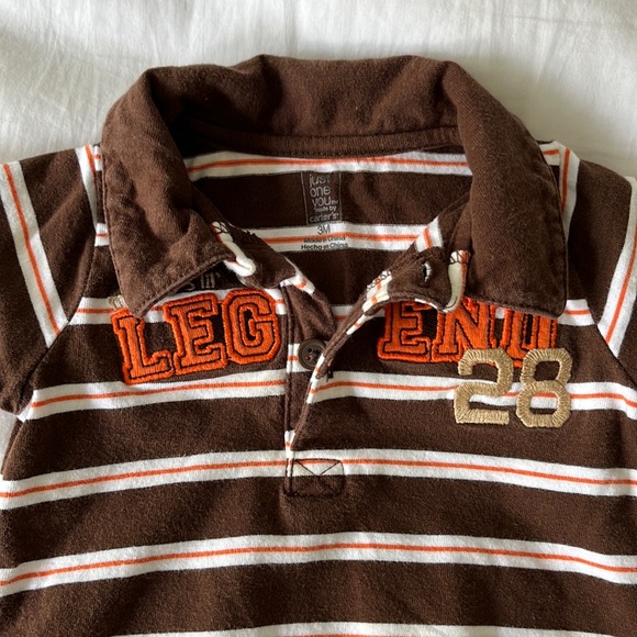 Knit polo short romper by child of mine. Brown stripe. - Picture 3 of 5